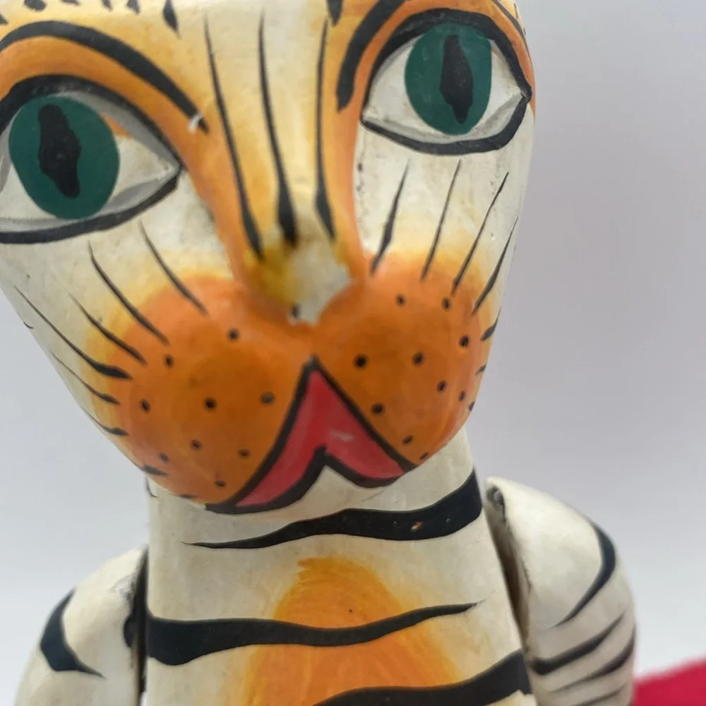 Handcrafted Wooden Cat Figurine Orange and Black Stripes shelf sitter 11” READ